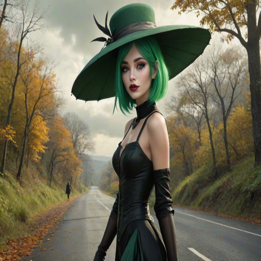 digital art fantasy depicting a strange girl with green hair, long eyelashes, green lipstick and a tall hat walking along a winding road on an autumn afternoon, an Umbrellabird smiles as she passes
