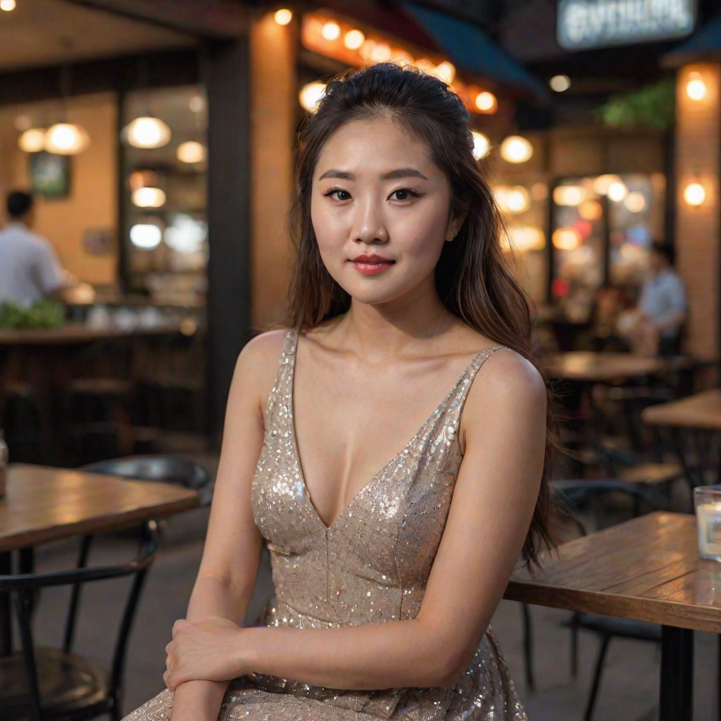 photo of woman:Bobby Lee:0.4, highlight hair, sitting outside restaurant, wearing dress, rim lighting, studio lighting, looking at the camera, dslr, ultra quality, sharp focus, tack sharp, dof, film grain, Fujifilm XT3, crystal clear, 8K UHD, highly detailed glossy eyes, high detailed skin, skin pores