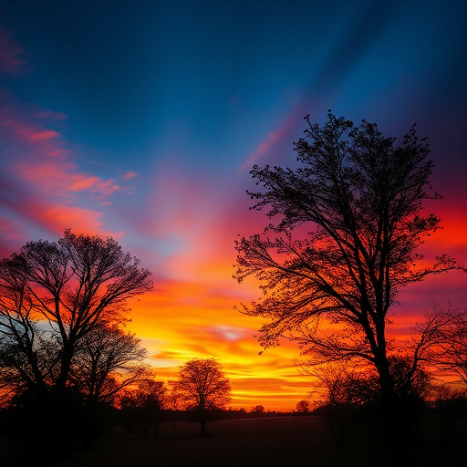 outdoor scene with a vibrant sunset, warm colors in the sky, silhouette of trees in the foreground, taken with a DSLR camera, 50mm lens, aperture f/2.8, ISO 100, 1/200 sec, landscape view, high dynamic range for enhanced detail