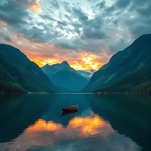 Generate a serene landscape featuring a small boat on a still, reflective lake surrounded by lush, green mountains with sharp peaks under a dramatic sky at sunset, shot with a DSLR camera, 24mm lens, f/11 aperture, ISO 100, and a polarizing filter for enhanced color vibrancy and clarity.