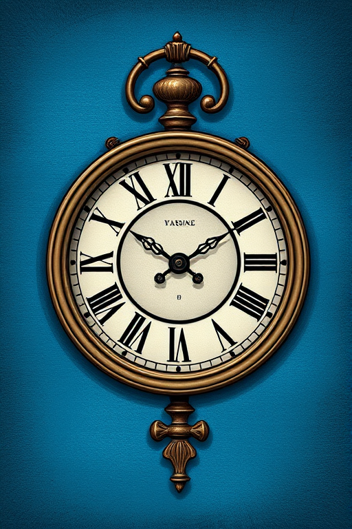 Create a detailed illustration of a vintage clock with Roman numerals, on a textured blue background, using a DSLR camera, ISO 100, aperture f/8, shutter speed 1/60 sec, taken from a top-down view in high resolution.