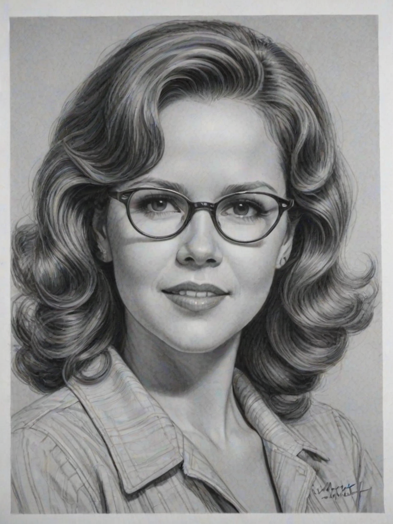 Splendid Linda Blair, pencil sketch, portrait of Fascinating woman 1940s in glasses, hair style beatnik, outline, clear lines, fine lines, 8k