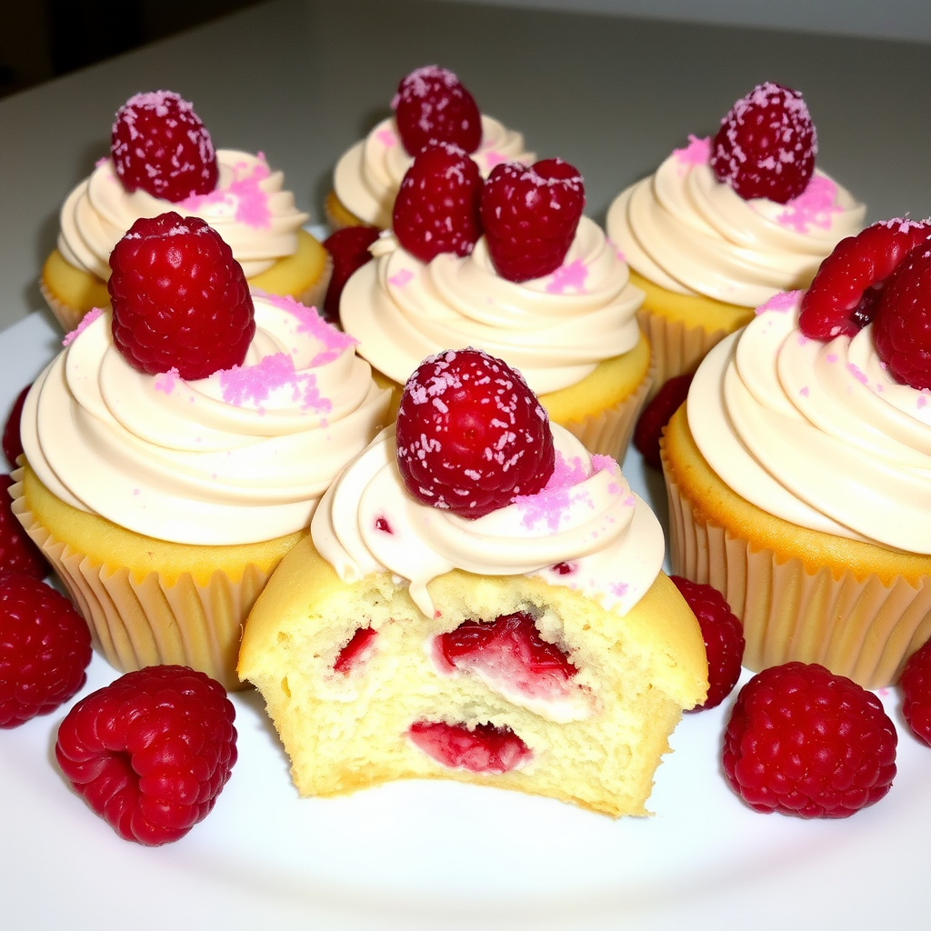 Delicious raspberry cupcakes with swirls of creamy frosting topped with fresh raspberries and a sprinkle of pink sugar on a white plate with additional raspberries around them.