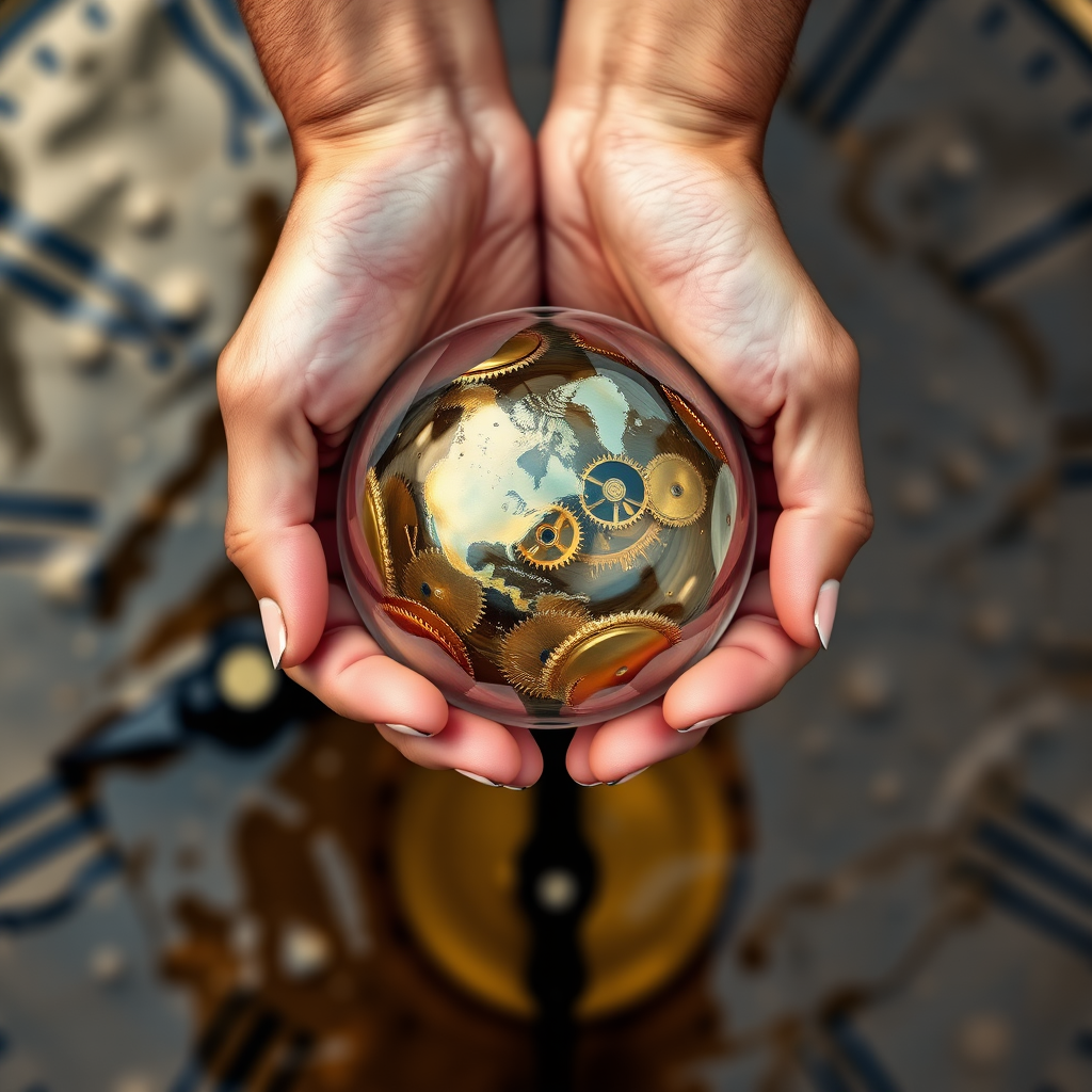 Create an image of two hands holding a golden, gear-filled globe above a background of a clock face with flowing water reflections, use a Canon EOS R5 camera with a 50mm f/1.2 lens, set aperture to f/2.8, shutter speed to 1/125s, ISO 100, and shoot in natural lighting for enhanced detail and texture.
