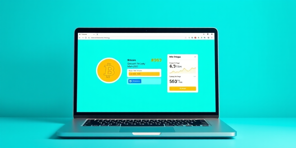 Create a high-resolution digital illustration of a laptop screen displaying a Bitcoin mining tool and a Bitcoin coin, using a vibrant turquoise background, shot from a straight-on angle with a Canon EOS 5D Mark IV, f/8 aperture, ISO 100, and 50mm lens for clarity and detail.