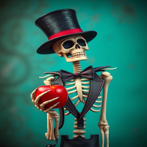 Create a detailed illustration of a skeleton in a top hat and suit, holding a red apple, with a vibrant turquoise background, using a Canon EOS R5 camera, f/2.8 aperture, 50mm lens, ISO 100, and a soft focus style for a dynamic effect.