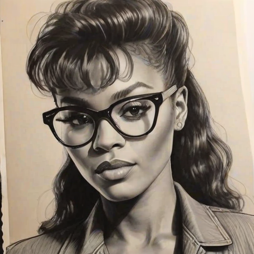 Stunning Janelle Mon'e, pencil sketch, portrait of Superb woman 1980s in glasses, hair style beatnik, outline, clear lines, fine lines, 8k