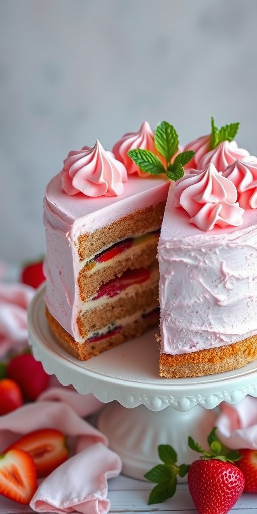 A beautifully layered cake with light brown sponge and pink frosting, topped with swirls of pink meringue and garnished with fresh mint leaves, displayed on a white ornate cake stand, with a slice cut out to reveal its creamy filling and fruit layers, surrounded by soft pastel colors and fresh fruit.