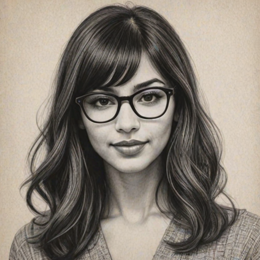 Ravishing Hannah Simone, pencil sketch, portrait of Splendid woman 1927s in glasses, hair style beatnik, outline, clear lines, fine lines, 8k