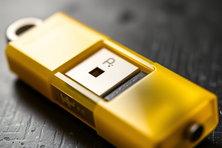 Create a high-resolution graphic of a USB flash drive with a shiny yellow casing, featuring a clear USB symbol, captured in a macro view using a DSLR camera at f/2.8, ISO 100, and a focal length of 50mm, with soft natural lighting to enhance details and textures.