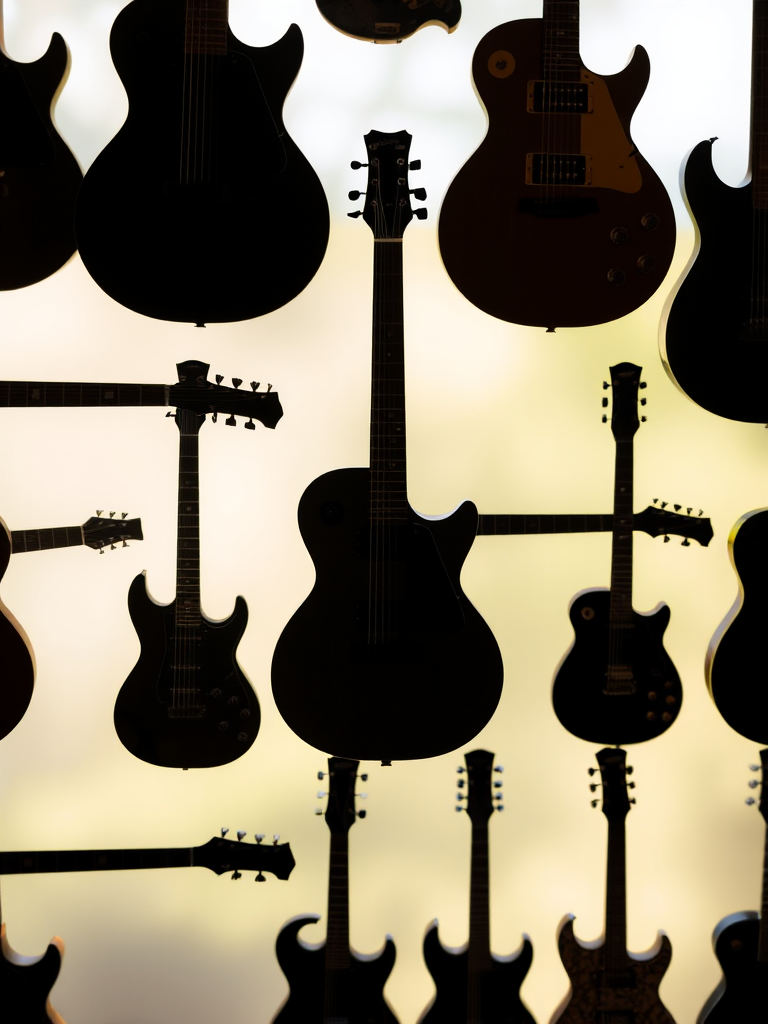 Create a high-resolution image of a variety of guitar silhouettes arranged in a grid format with a soft-focus background, using a DSLR camera with a 50mm lens, aperture set to f/1.8, ISO 200, shutter speed 1/125s, and natural lighting for enhanced clarity and depth.
