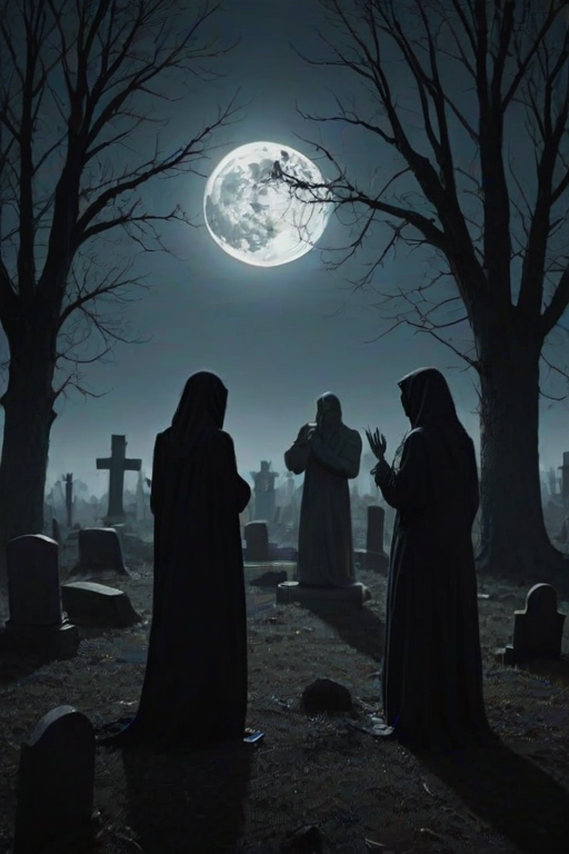 A dark, eerie scene set in a graveyard under a full moon. The main subject is a group of five humanoid figures, each with a distinct appearance and body language, appearing to be in a state of panic or distress. The color palette is dominated by deep blues and blacks, with the moon casting a soft glow on the scene. The figures are clothed in tattered, dark clothing, and their skin texture is rough and uneven. The graveyard is littered with tombstones and debris, and the background features barren trees, adding to the somber atmosphere. The overall style of the image is reminiscent of a horror or thriller genre, with a focus on creating a sense of dread and unease.