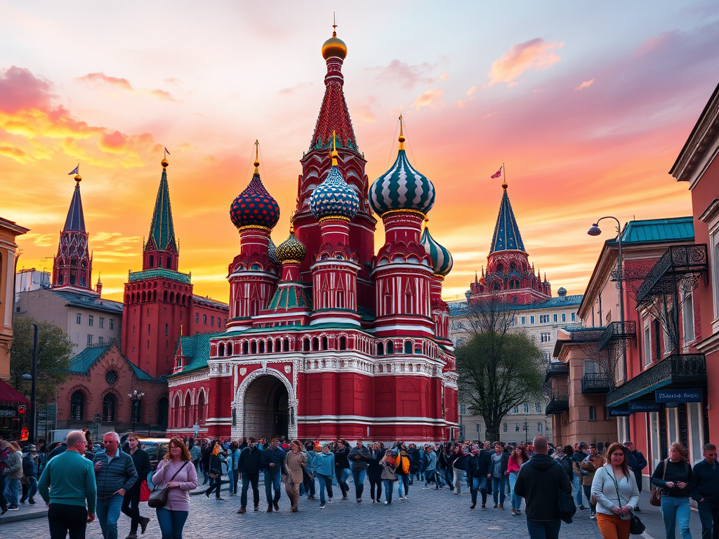 Create a highly detailed digital illustration of St. Basil's Cathedral in Moscow with a vibrant sky, using a DSLR camera set to f/8, 1/250 sec, ISO 100, wide-angle lens, capturing a lively street scene with people in front of the cathedral at sunset.