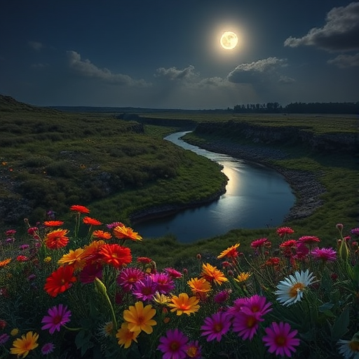 generate a serene nighttime landscape featuring a winding river surrounded by vibrant wildflowers under a full moon, with soft clouds in the sky, using a DSLR camera with a 50mm lens, aperture f/1.8, ISO 200, and a long exposure of 15 seconds to capture the ethereal glow and details in the flowers.