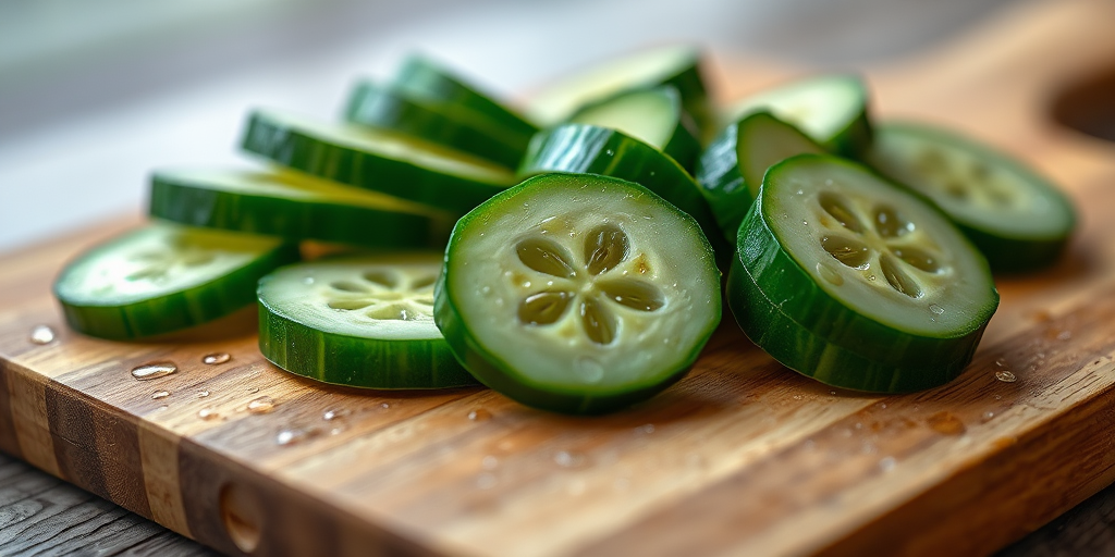 close-up shot of sliced cucumbers on a wooden cutting board with drops of water, soft natural lighting, shallow depth of field, DSLR camera, ISO 100, aperture f/2.8, focal length 50mm, 1/200s shutter speed