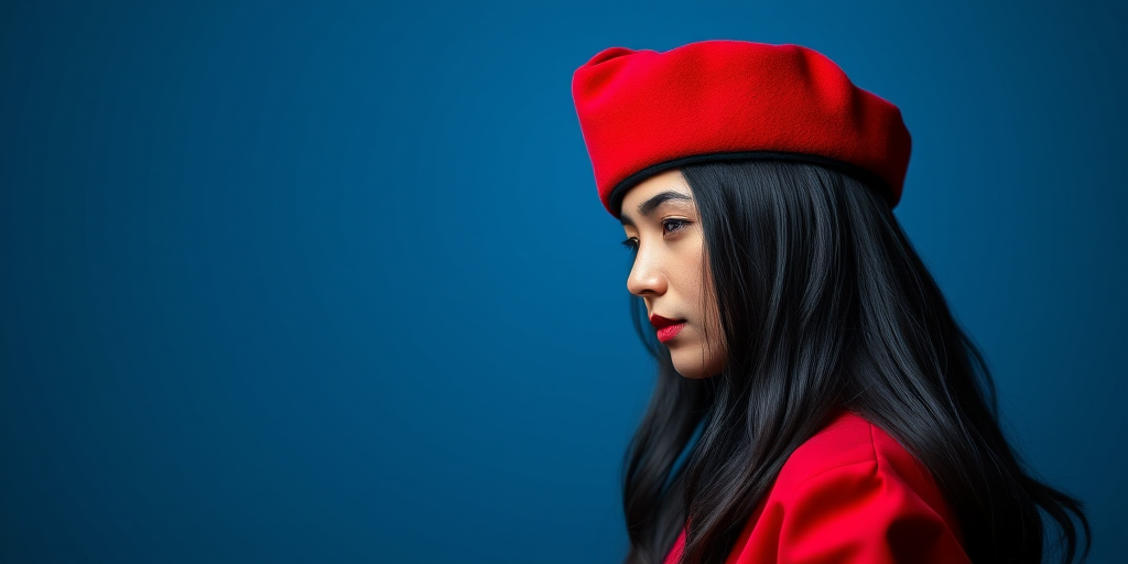 Create a vibrant digital portrait of a stylized figure with long black hair and a red fez, set against a deep blue background, captured with a high-resolution DSLR camera, aperture f/2.8, 50mm lens, soft focus effect, and a slight vignette for depth.