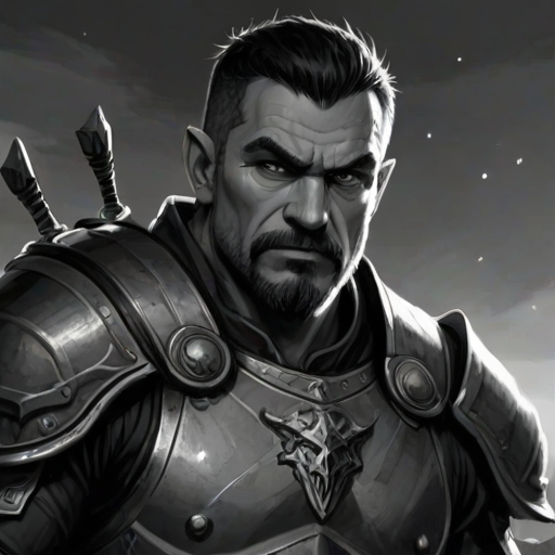 safe, sketch, monochrome, greyscale, 1boy, solo, male focus, mature male, orc, green skin, tusks, blue eyes, short hair, black hair, facial hair, beard, mustache, looking at viewer, armor, shoulder armor, breastplate, pauldrons, upper body, closed mouth, standing, outdoors, night, night sky, dark background