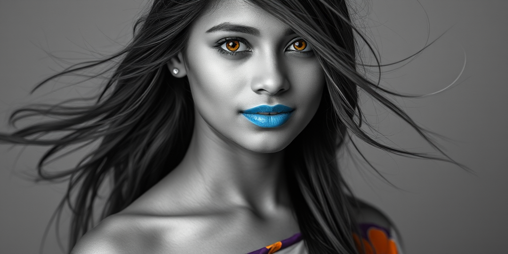 Photographic image of a beautiful young Sri Lankan woman, Yellow eyes, lips with cyan lipstick, long hair fluttering in the wind and wearing a silk strapless dress with a soft purple and orange print. monochrome image with only color highlights in the iris of the eyes, lipstick and dress. Gray background.