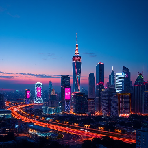 Generate a high-quality illustration of a futuristic city skyline at dusk, with vibrant neon lights and a clear sky, captured using a DSLR camera with a 24mm lens, f/8 aperture, ISO 100, and a long exposure of 15 seconds, in a wide-angle view.