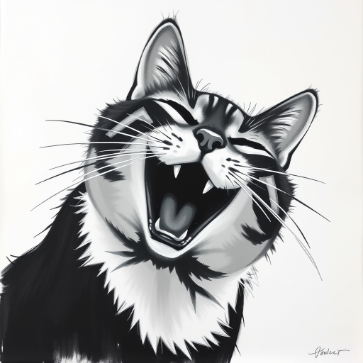 Abstract black and white acrylic portrait of an over exaggerated laughing (cat). Minimalism style. White background.