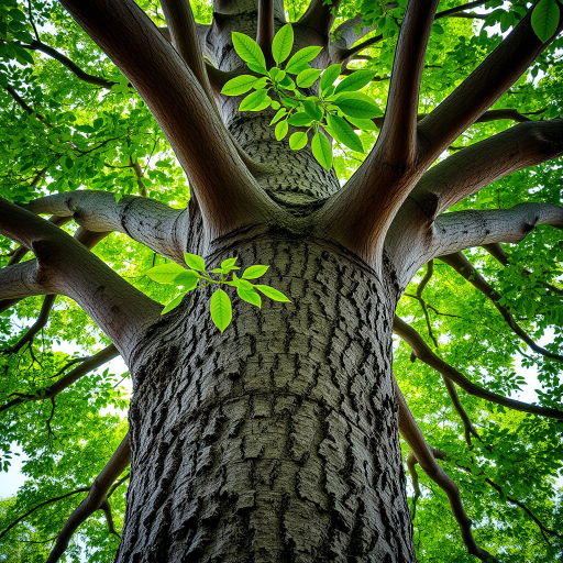 high-resolution close-up of a large tree trunk with sprawling branches and lush green leaves, taken with a DSLR camera, f/4 aperture, ISO 100, 50mm lens, natural lighting, focus on bark texture and branch detail