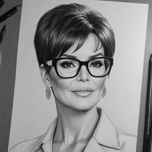 Beauteous Kris Jenner, pencil sketch, portrait of Stunning woman 1968s in glasses, hair style beatnik, outline, clear lines, fine lines, 8k
