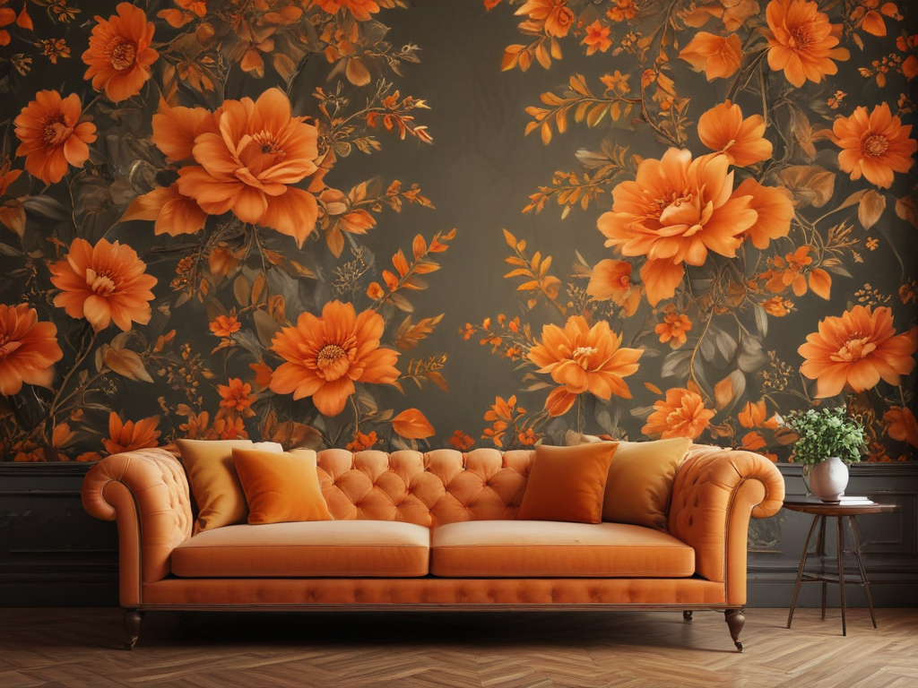 Elegant Living Room Featuring Vibrant Orange Floral Wallpaper and ...