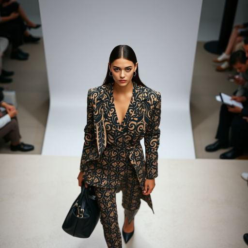 Capture the model from a high angle, emphasizing the outfit’s pattern and silhouette. Use a 35mm prime lens to maintain sharpness and minimize distortion