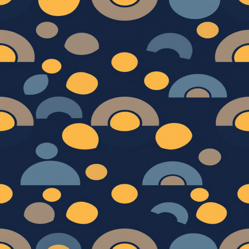Create a seamless pattern design featuring alternating circles and semi-circles in shades of blue, light brown, and yellow on a dark navy background, using a Canon EOS R5 camera, 35mm lens, f/8 aperture, ISO 100, and a top-down view, with a high-quality vector style for sharpness and clarity.