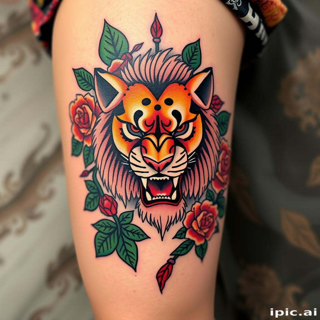 Striking neo-traditional tattoo on the thigh depicting a fierce lioness surrounded by vibrant roses and foliage rich saturated colors and bold outlines with a touch of realism