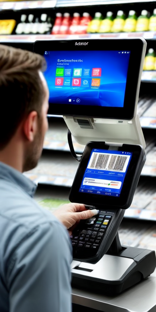 at a supermarket a customer is using a self scan till to buy wine show ...