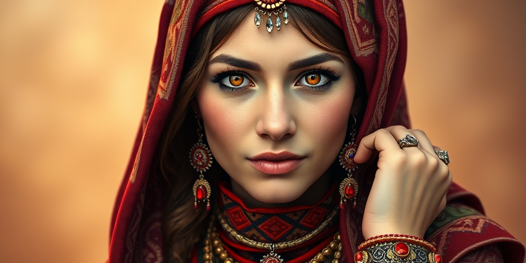 Create a portrait of a beautiful Sami woman with striking red eyes and a gentle expression. She is adorned in traditional attire with intricate patterns, including a richly embroidered headscarf and matching garments. Her jewelry includes a delicate headpiece, dangling earrings, and ornate bracelets, all featuring vibrant gemstones and detailed metalwork. The background is soft and warm, enhancing the rich colors of her outfit and jewelry.