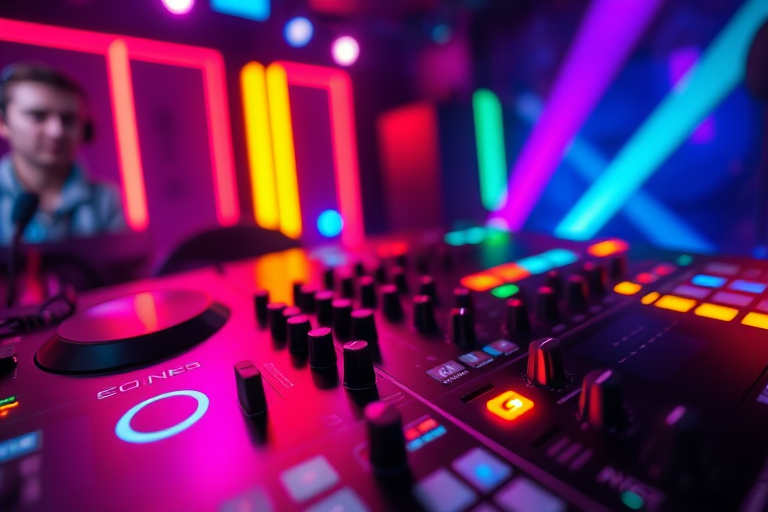 Photograph of a DJ's mixing console with vibrant neon lights, captured with a Canon EOS R5, ISO 800, f/2.8, 1/60s, top-down view, using a shallow depth of field to focus on the controls and colorful illumination.