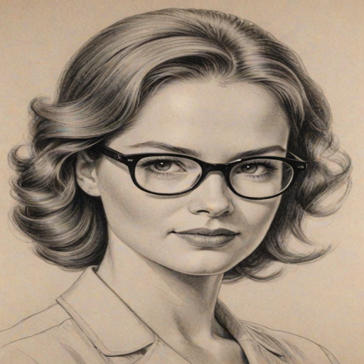 Magnificent Sarah Drew, pencil sketch, portrait of Magnificent woman 1955s in glasses, hair style beatnik, outline, clear lines, fine lines, 8k