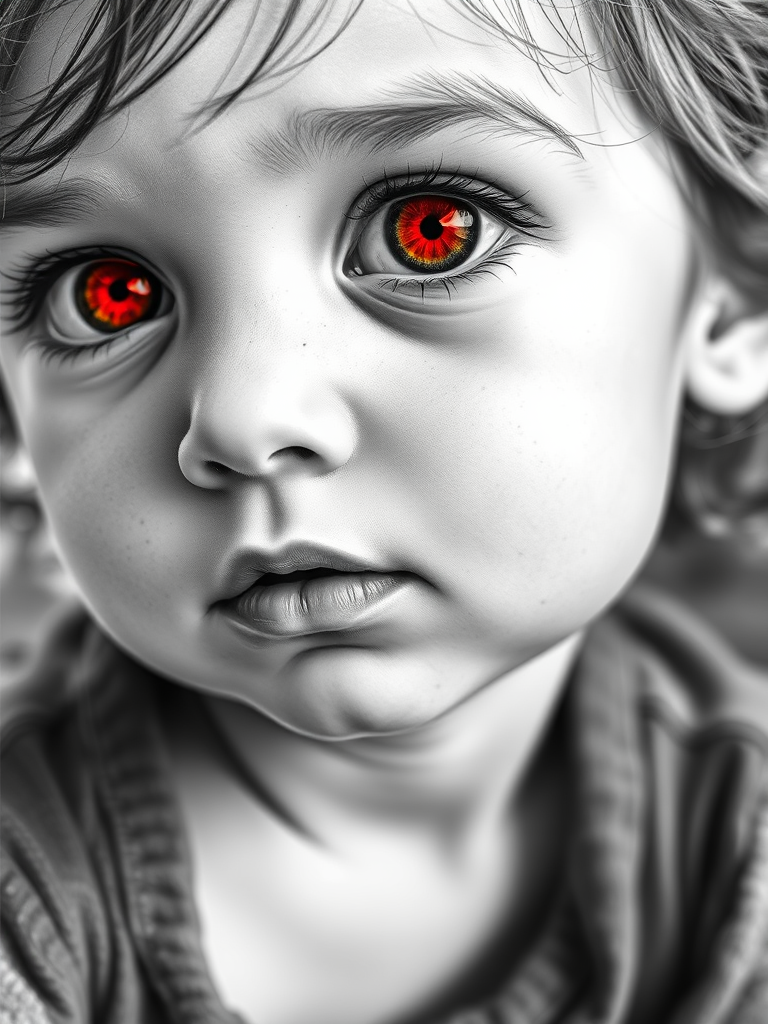 A hyperdetailed photorealistic black and white sketch of a beautiful toddler with deep red eyes, with a macro focus