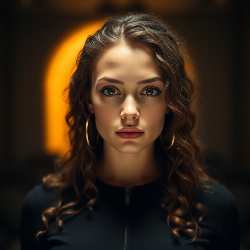 A young woman with long, curly brown hair is looking directly at the viewer. She is wearing a black top with a zipper down the front. The setting is a dimly lit interior space, with a warm, golden light emanating from the background. Her expression is neutral, with a hint of seriousness. The image is a close-up portrait with a shallow depth of field, focusing on the woman's face and torso. The background is blurred, creating a soft and intimate atmosphere.  She is wearing large gold hoop earrings, and a small gold chain is visible around her neck.  Her makeup is natural and simple, highlighting her brown eyes. The lighting creates subtle shadows that accentuate her features.  Her skin is smooth and glows in the soft light. The composition is balanced, with the woman's face positioned in the center of the frame.  The image is focused on capturing her beauty and confidence.