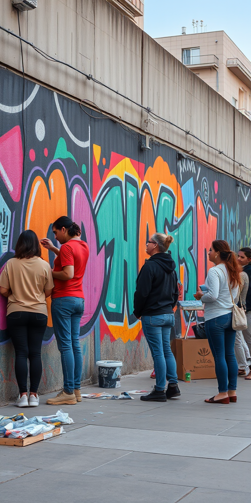Group of artists painting a mural on a city wall, their vibrant colors bringing life to the dull concrete, while passersby stop to watch.