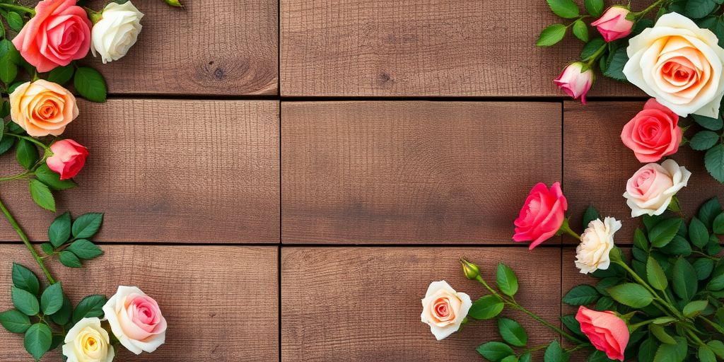 Create an image of a rustic wooden background with a floral border featuring various roses, using a DSLR camera at f/4 aperture, ISO 100, 50mm lens, shot from a top-down view, in natural lighting to enhance colors and details.