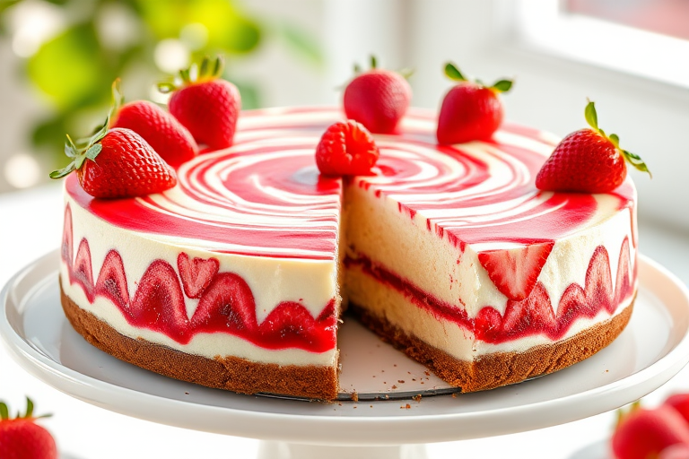 Create an image of a creamy cheesecake with a vibrant raspberry swirl on top garnished with fresh strawberries on a white cake stand with a slice removed revealing the layers inside. The setting should be bright and inviting, emphasizing the rich textures and colors of the cheesecake.