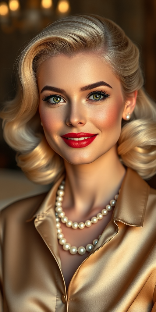 A beautiful Eurasian woman reminiscent of 1950s Hollywood glamour, with perfectly styled blonde hair and a seductive smile, dressed in a satin blouse and adorned with pearls, soft and warm tones, photorealistic, 8K