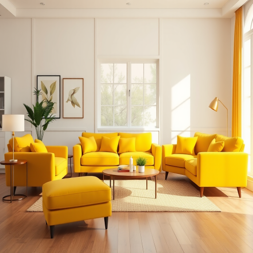 Create an illustration of four stylish yellow sofas arranged in a modern living room, using a Canon EOS R5 camera with a 50mm lens, f/2.8 aperture, ISO 100, shot in natural lighting from a frontal view to enhance image quality.