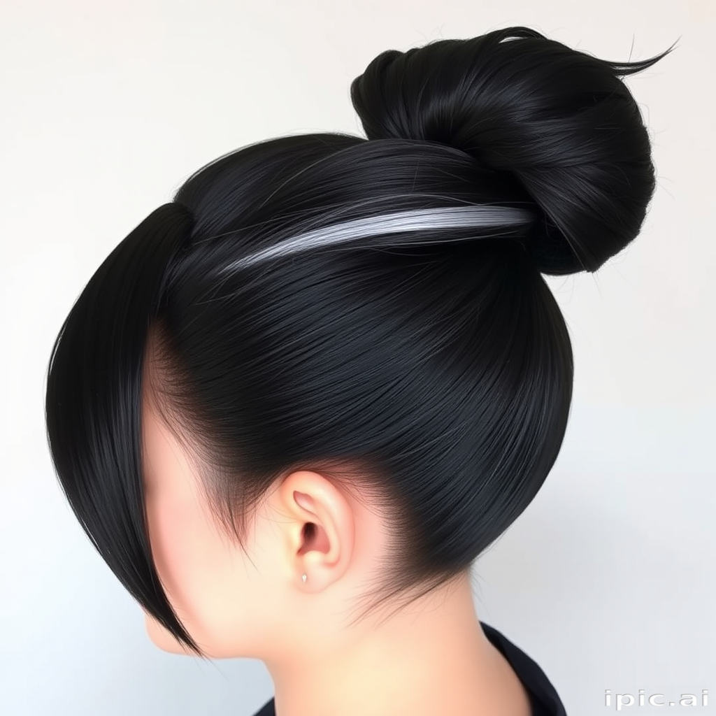 Jet black hair styled in a sleek and polished top knot with razor-sharp edges, featuring a single streak of vibrant silver running through it, embodying elegance with a twist called Midnight Eclipse
