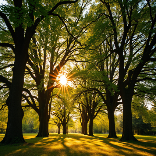 capture a serene landscape featuring majestic trees with lush green leaves, golden sunlight filtering through the branches, sharp focus with a wide aperture of f/2.8 for a dreamy depth of field, ISO 100 for clarity and minimal grain, shot from a low angle to emphasize the tree trunks, using a DSLR camera with a 24mm lens at sunrise for warm lighting