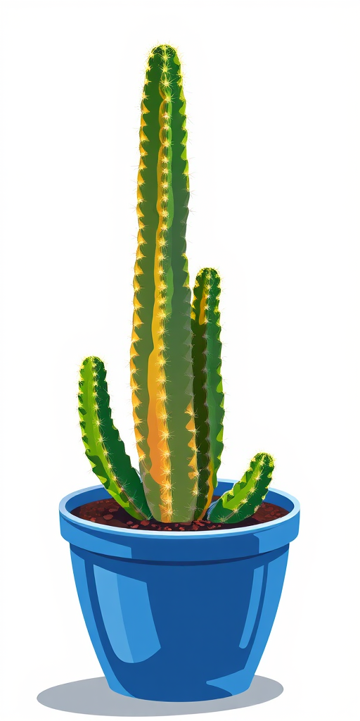 Create a vibrant illustration of a tall cactus in a blue pot, using a DSLR camera with a 50mm lens, f/2.8 aperture, ISO 100, natural lighting, top-down view, and vibrant color enhancement.