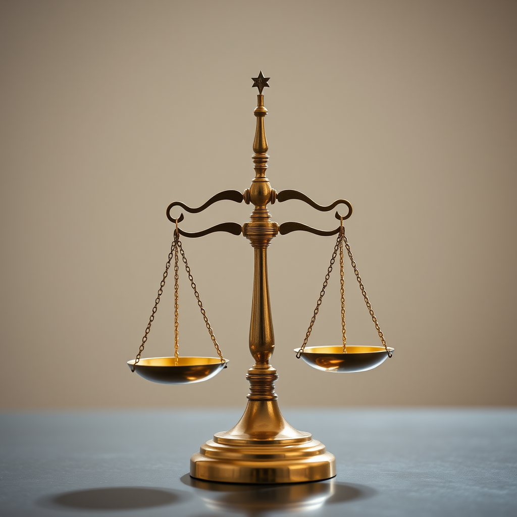Create a high-resolution image of a balanced scale symbolizing justice with a minimalist design, captured using a DSLR camera at f/2.8 aperture, ISO 100, 50mm lens, from a frontal view, in natural lighting, ensuring sharp details and vibrant contrast.