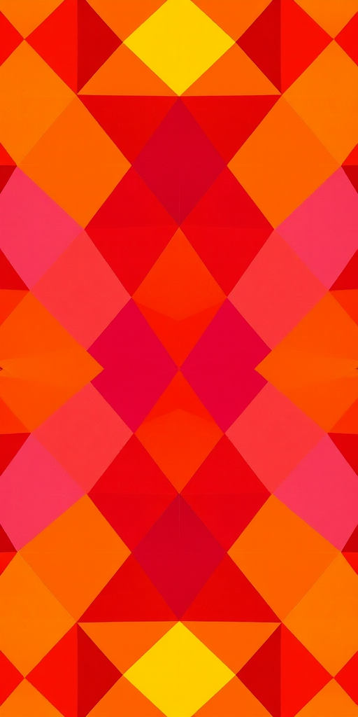 Create a vibrant geometric pattern with triangular shapes in shades of red, orange, and yellow, using a Canon EOS R5, ISO 100, f/8, 1/125s, taken from a slightly elevated angle with a wide-angle lens for enhanced depth and clarity.