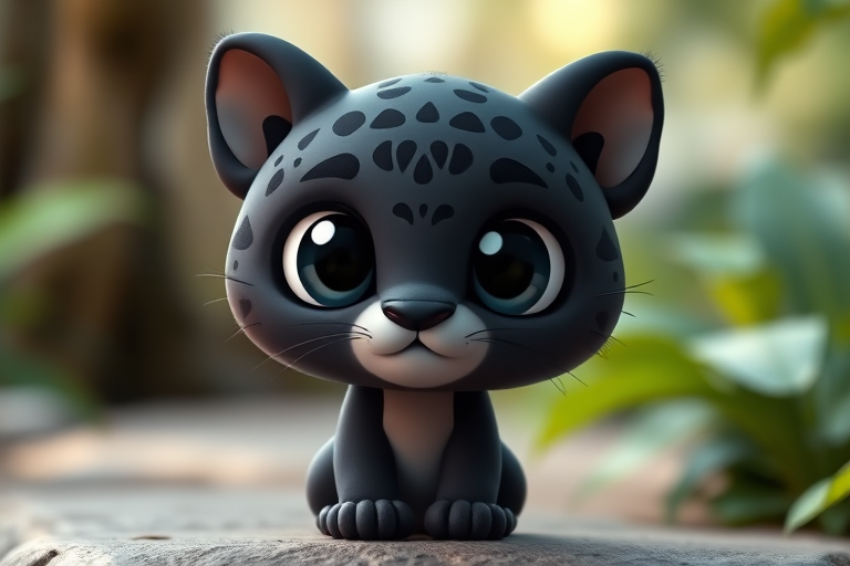 Create a cute cartoon-style black leopard with large white eyes and a round body, 3D rendering, soft focus, 50mm lens, f/2.8 aperture, natural lighting.