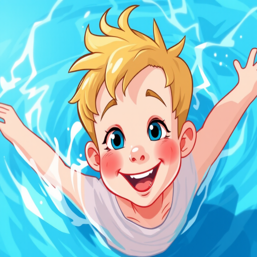 Create an illustration of a cheerful young boy with blonde hair swimming in bright blue water, using a digital art style with high contrast colors, in a 2D cartoon format; settings: ISO 200, f/8, 1/100s, 24mm lens, soft light, centered view.