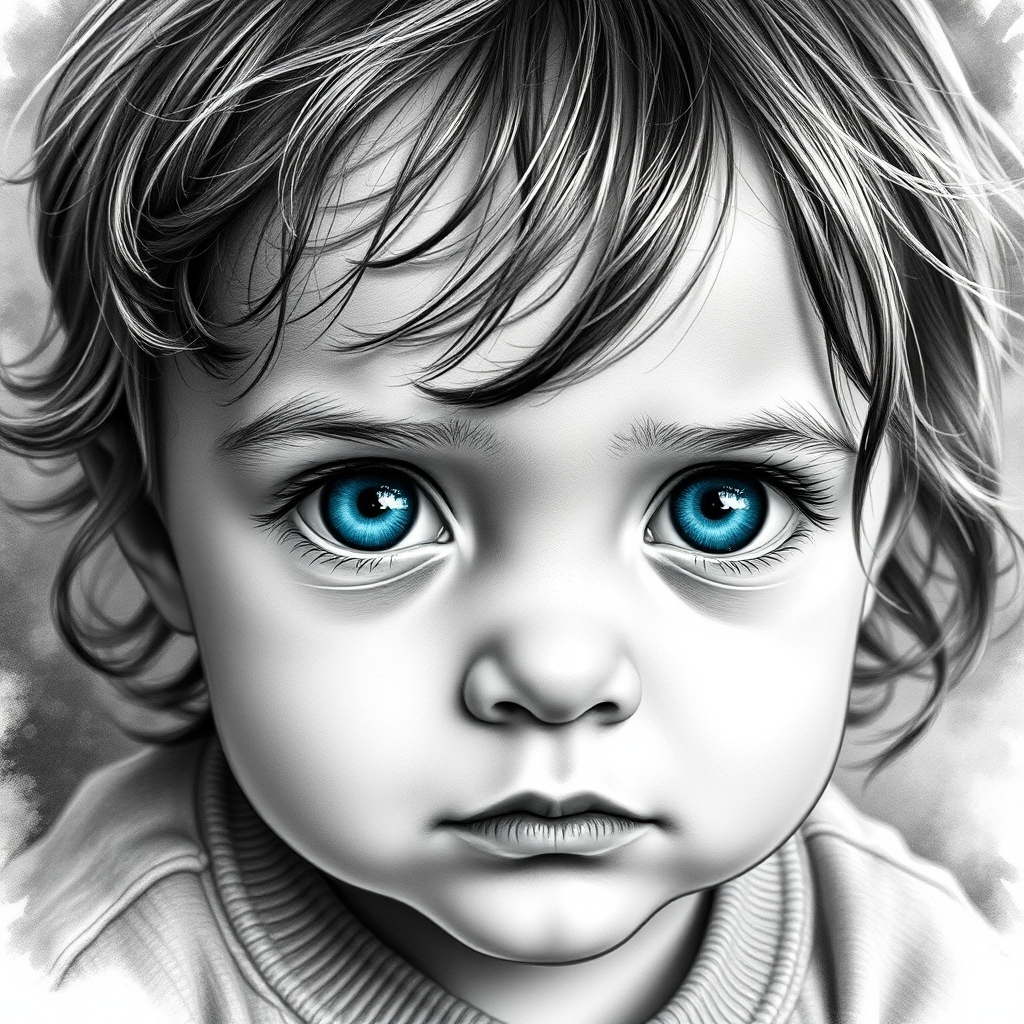 A hyperdetailed photorealistic black and white sketch of a beautiful toddler with deep cyan eyes, with a macro focus
