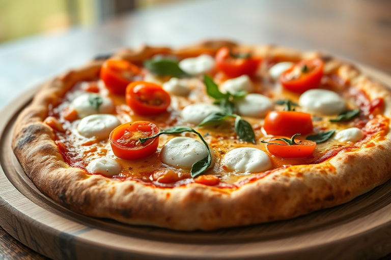highly detailed close-up of a freshly baked pizza topped with cherry tomatoes and mozzarella on a wooden serving board, natural light, f/2.8, 1/60 sec, ISO 100, 50mm lens, DSLR camera, vibrant colors and sharp focus on the pizza with a soft blurred background